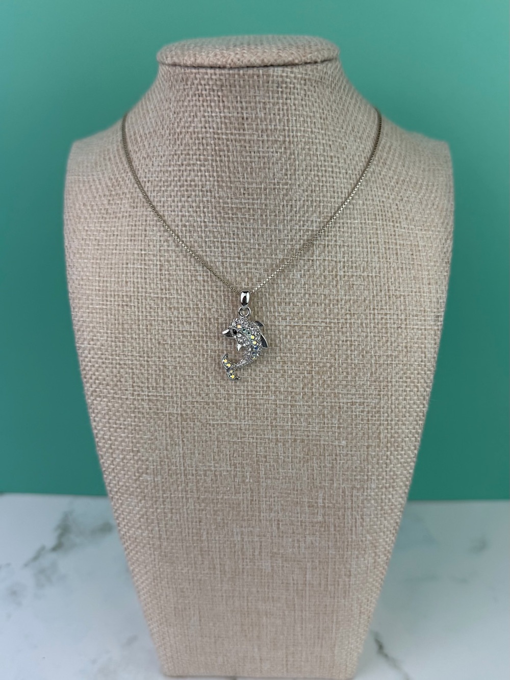 925 Sterling Silver Box Chain 16" Italy with Sparkly Rhinestone Dolphin Pendant